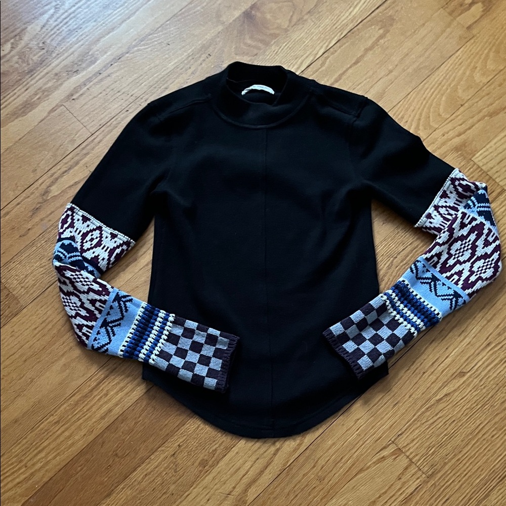 Free People Black Long Sleeve Top with Patterned Sleeves